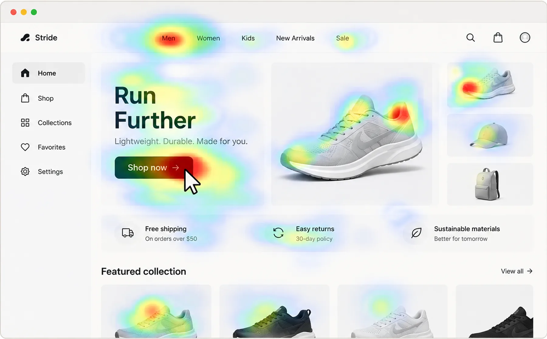 A sample UI with a synthetic attention heatmap overlaid: hot spots on the nav, the primary call to action, and product imagery.